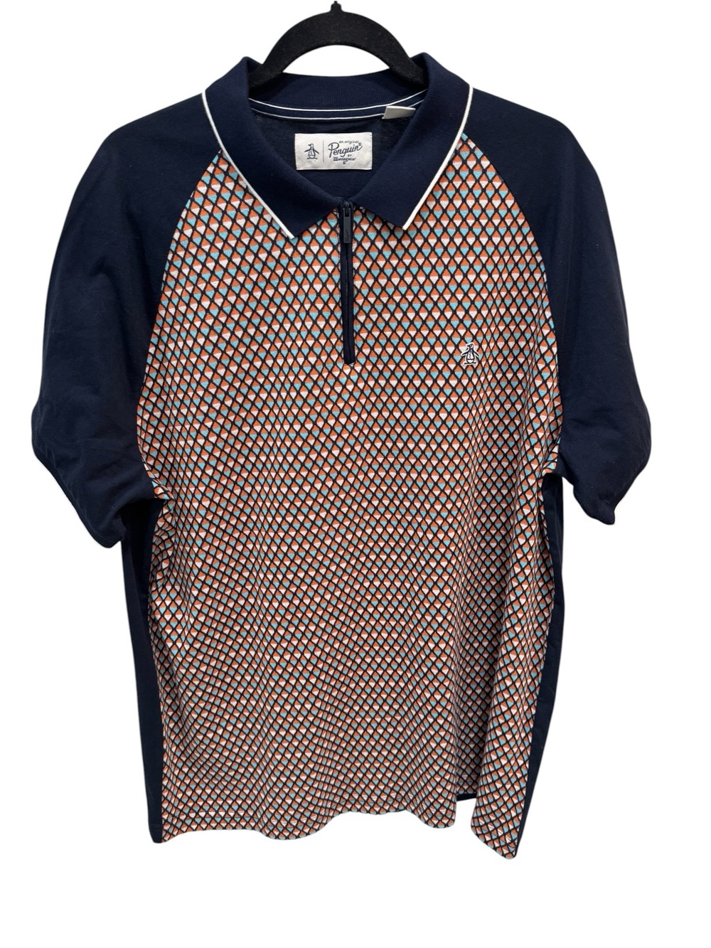 Original Penguin Mens XL Zip Polo Shirt Navy Blue Geometric Textured Cotton